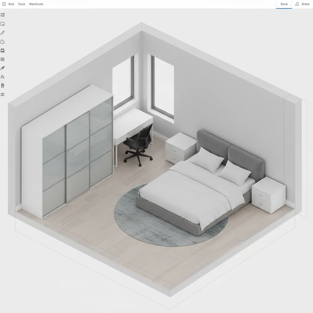 Interfaz de planificador de habitaciones organizando muebles en un dormitorio