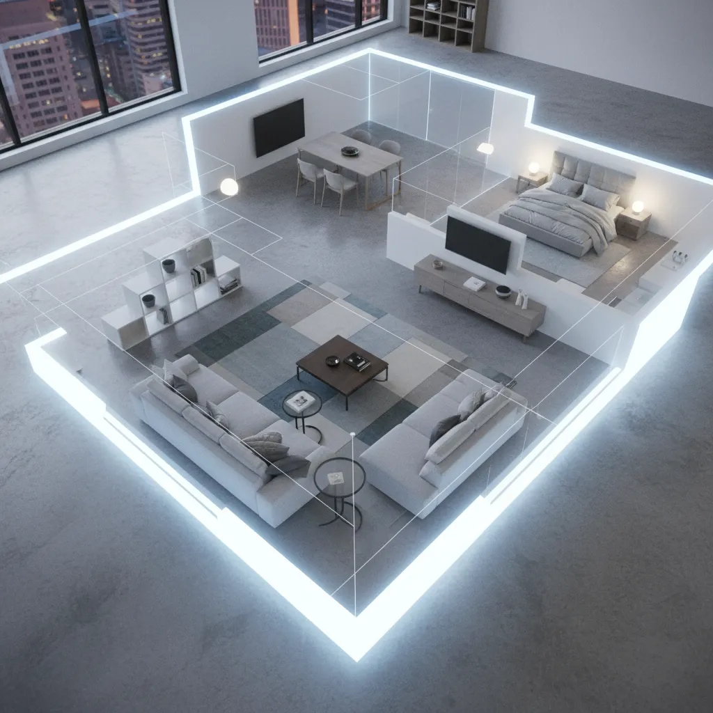 Coohom interior design drawing showing apartment layout with living room, dining area, and glowing outlines