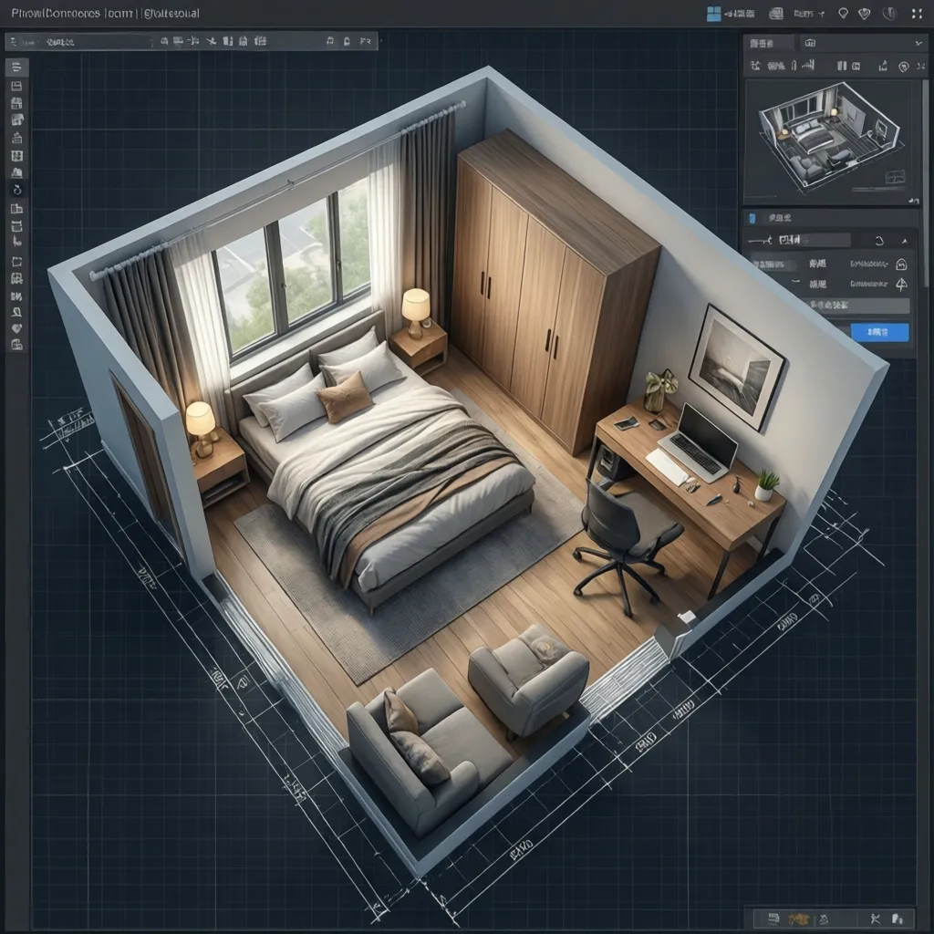 interfaz de planificador digital mostrando la distribución de muebles en una habitación