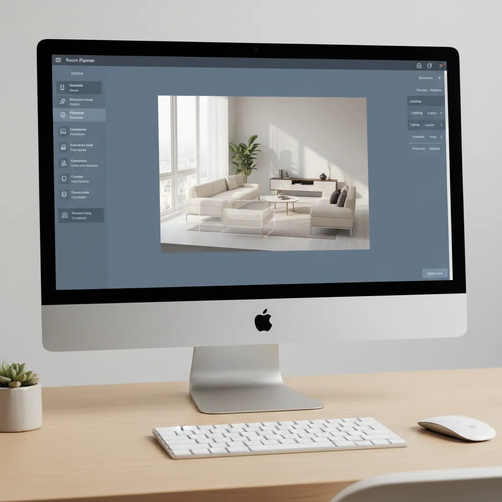 Online room planner software displaying modern living room design with sofa plant and white cabinet
