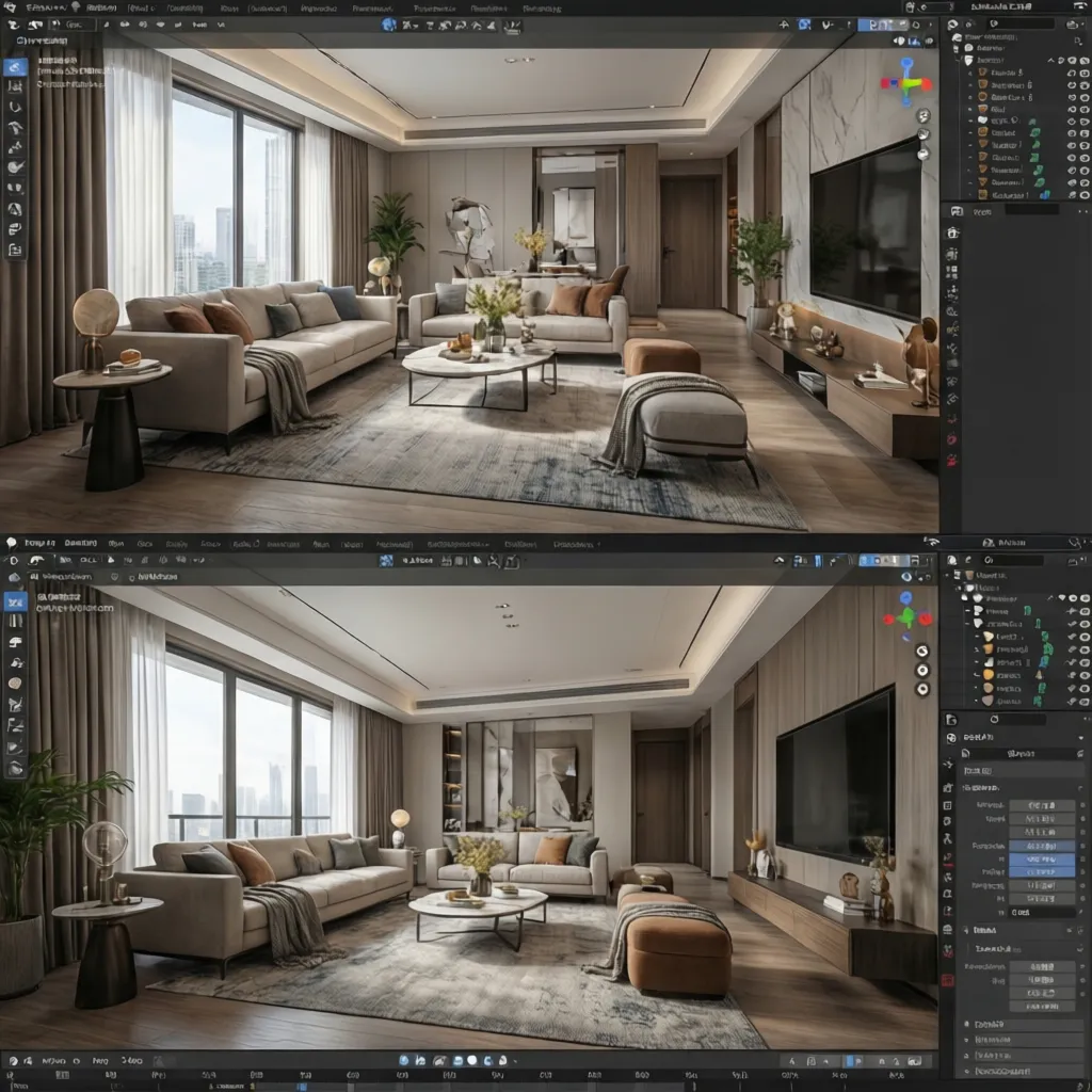 Interior design software interface displaying two versions of a modern living room with large windows