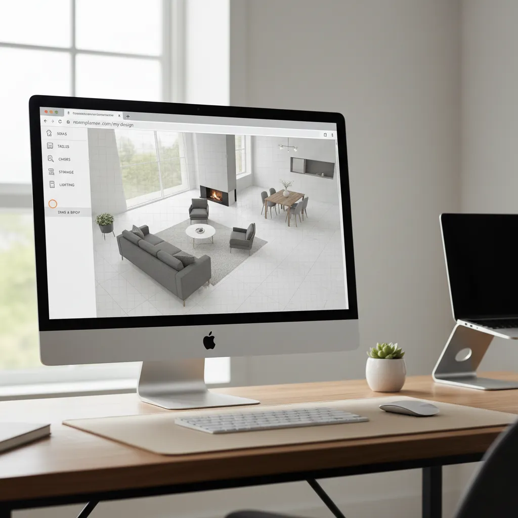 Desktop monitor showing interior design drawing of living room with sofa fireplace and dining table