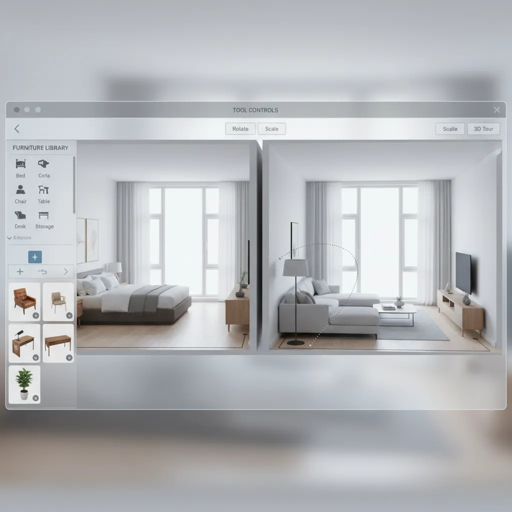 Planificador de habitación online mostrando muebles en 3D