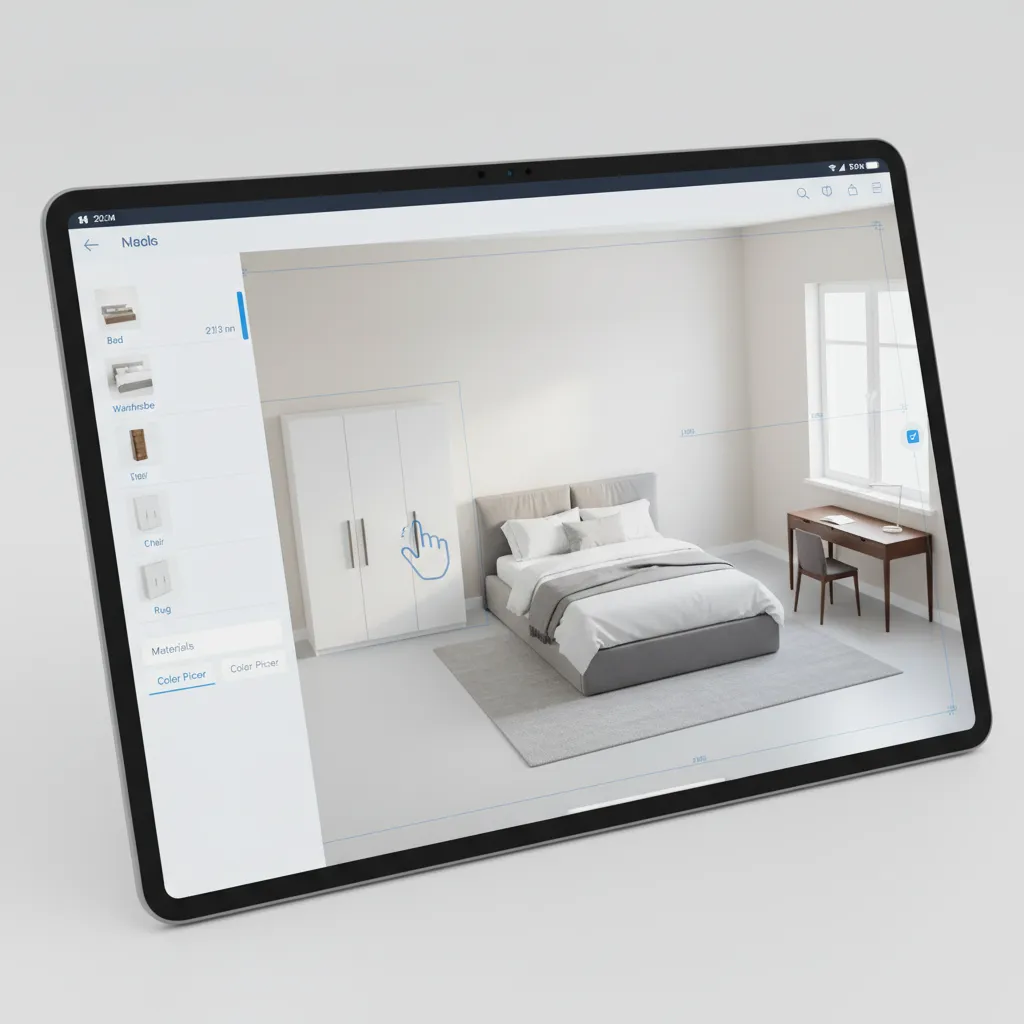 Planificador digital de habitación con muebles moviéndose en pantalla