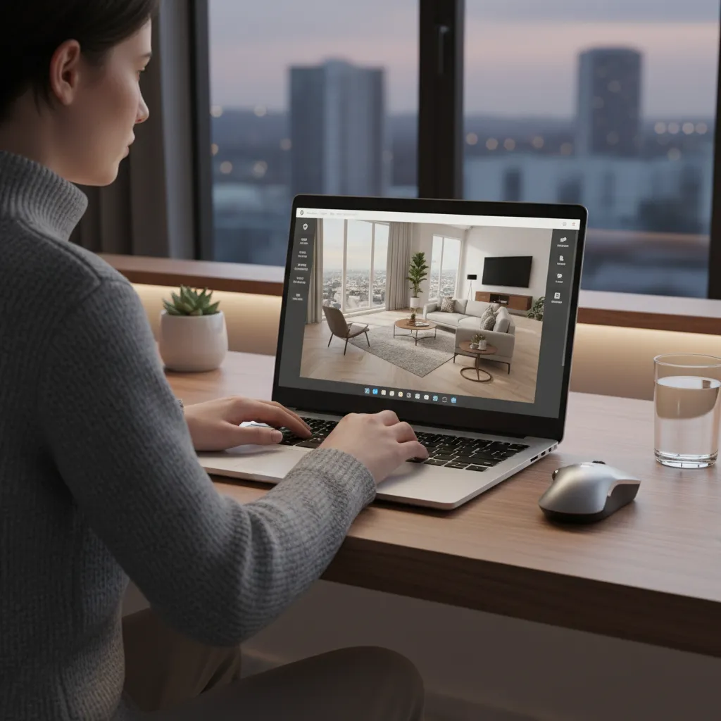 Persona reorganizando muebles digitalmente en un planificador de habitaciones