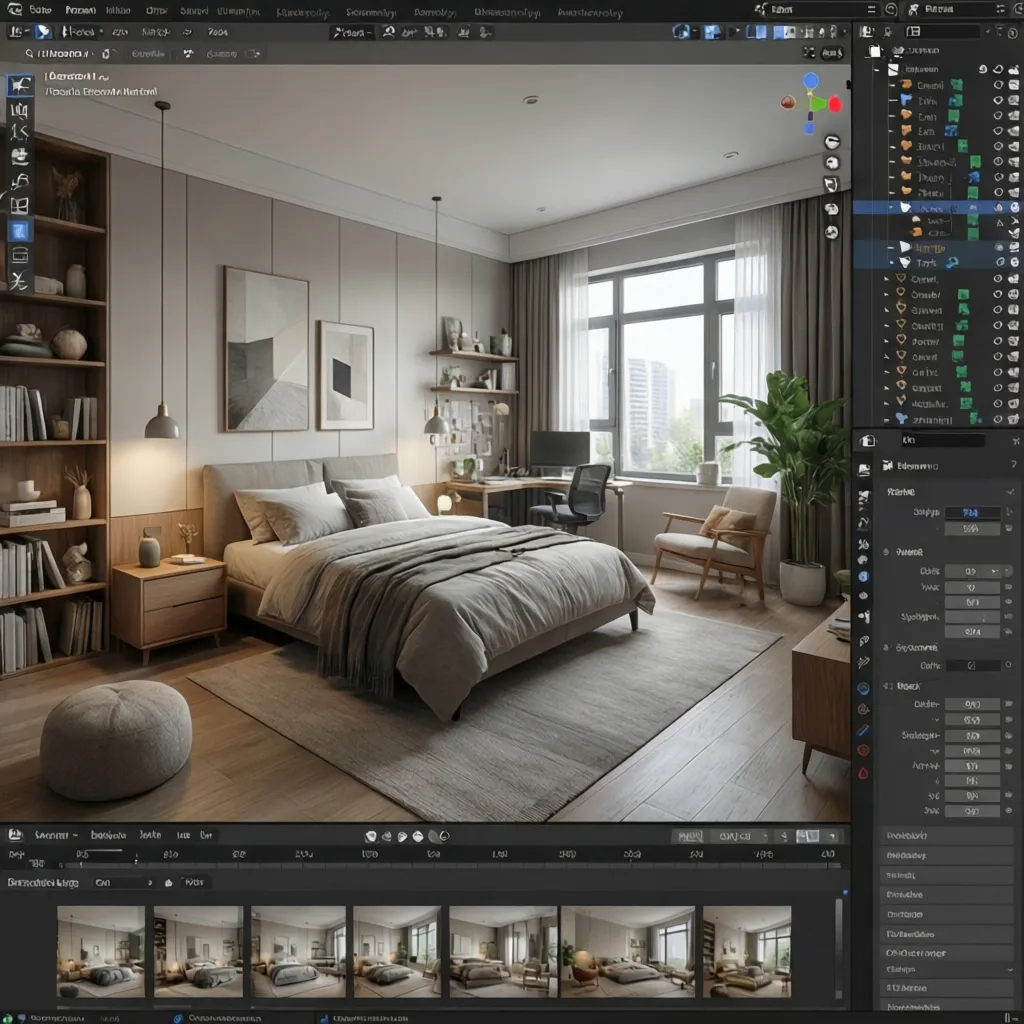 Interior design software interface showing a 3D bedroom image with bed plants and editing tools