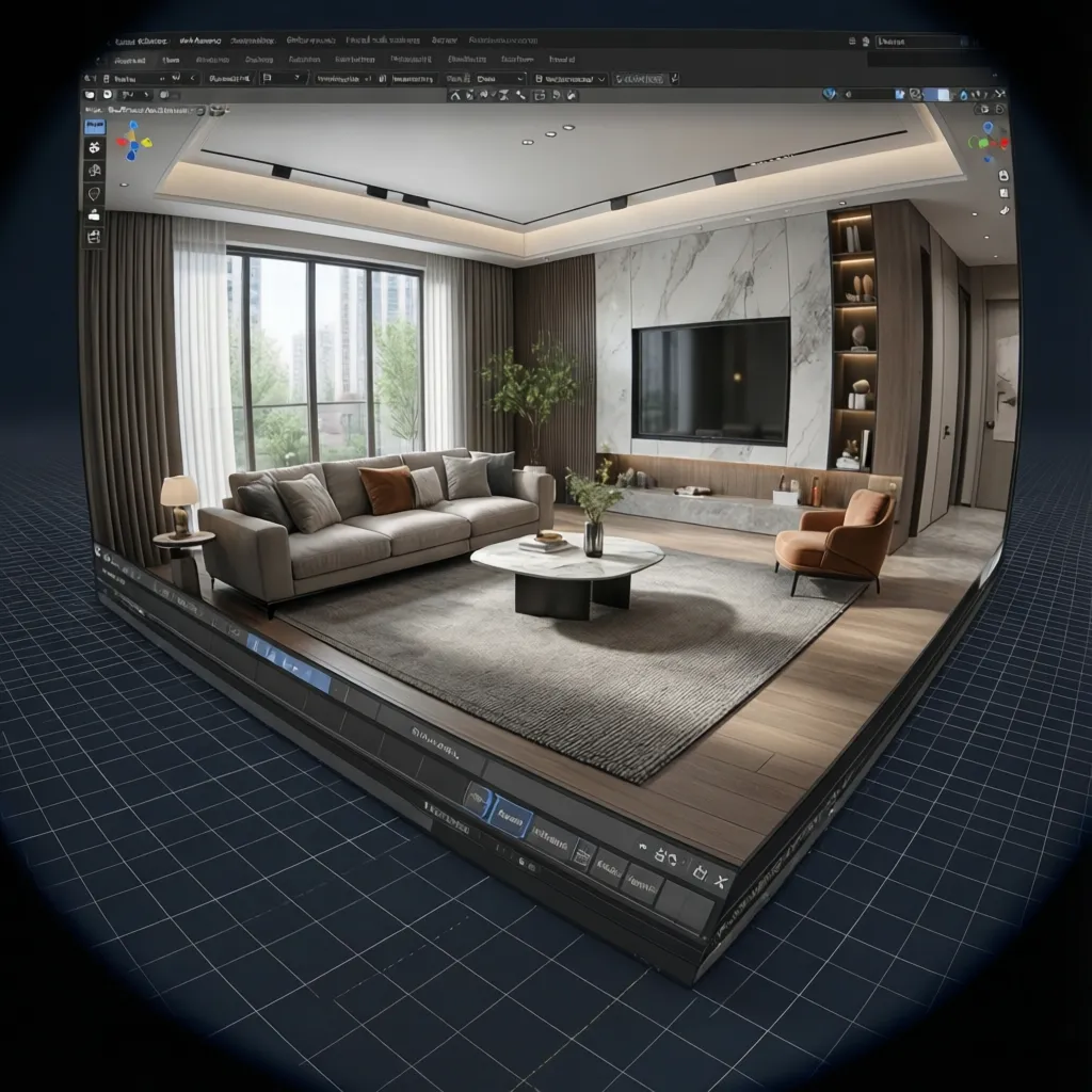 Editor digital mostrando diseño de salón en 3D