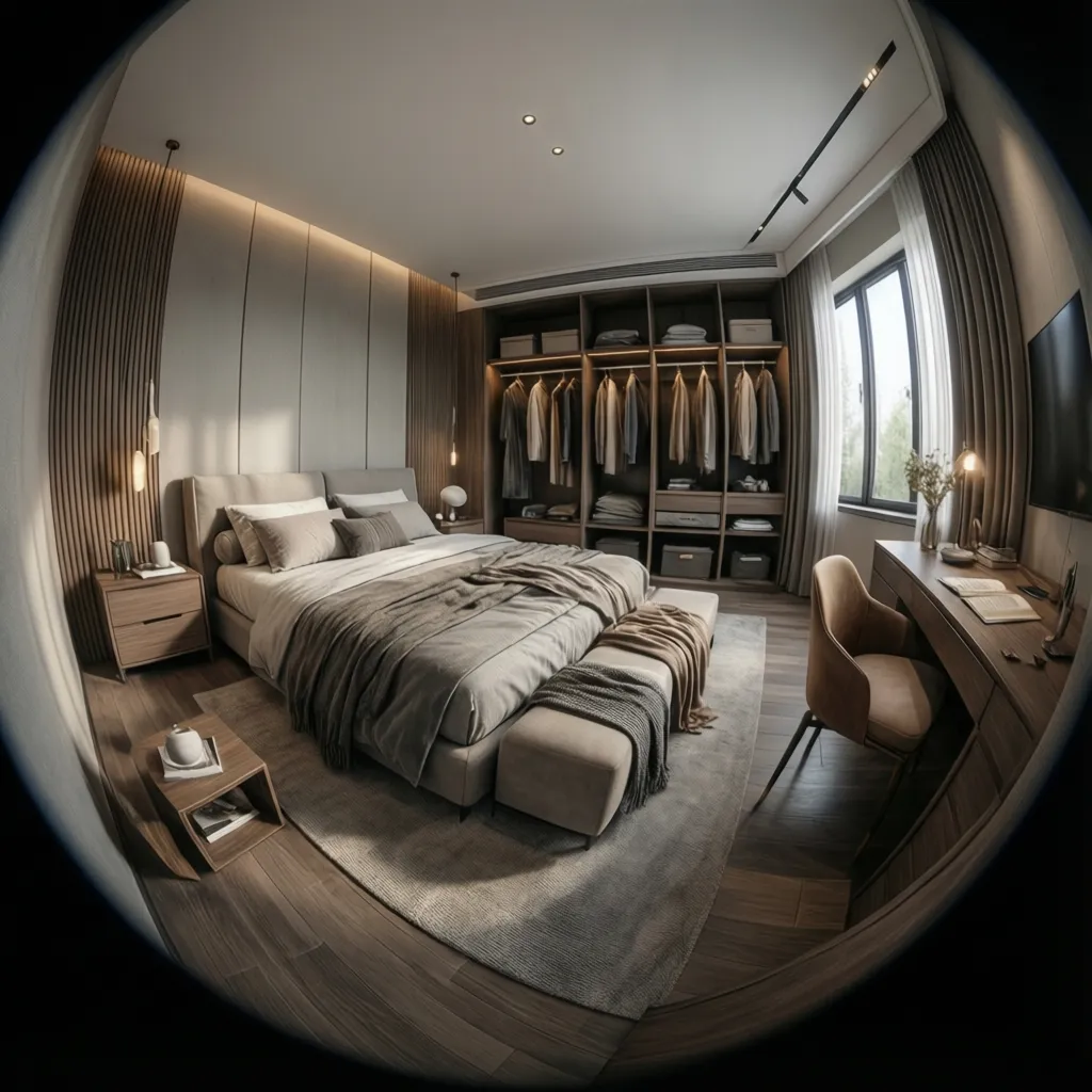 Modern bedroom interior design drawing featuring a large bed wooden wardrobe desk and dark wood floor