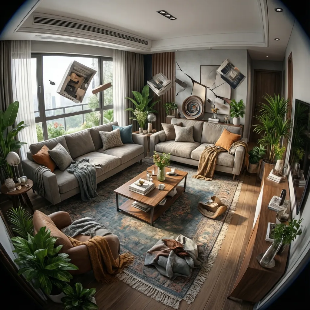 Living room with grey sofas, coffee table, green plants, and floating wall panel design elements