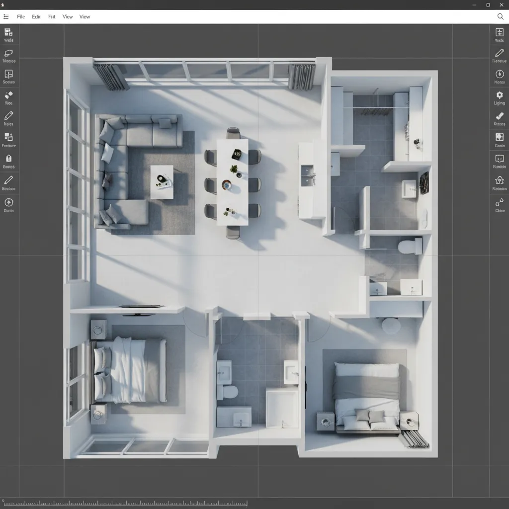 Coohom room layout tool showing a top down view of a two bedroom apartment design