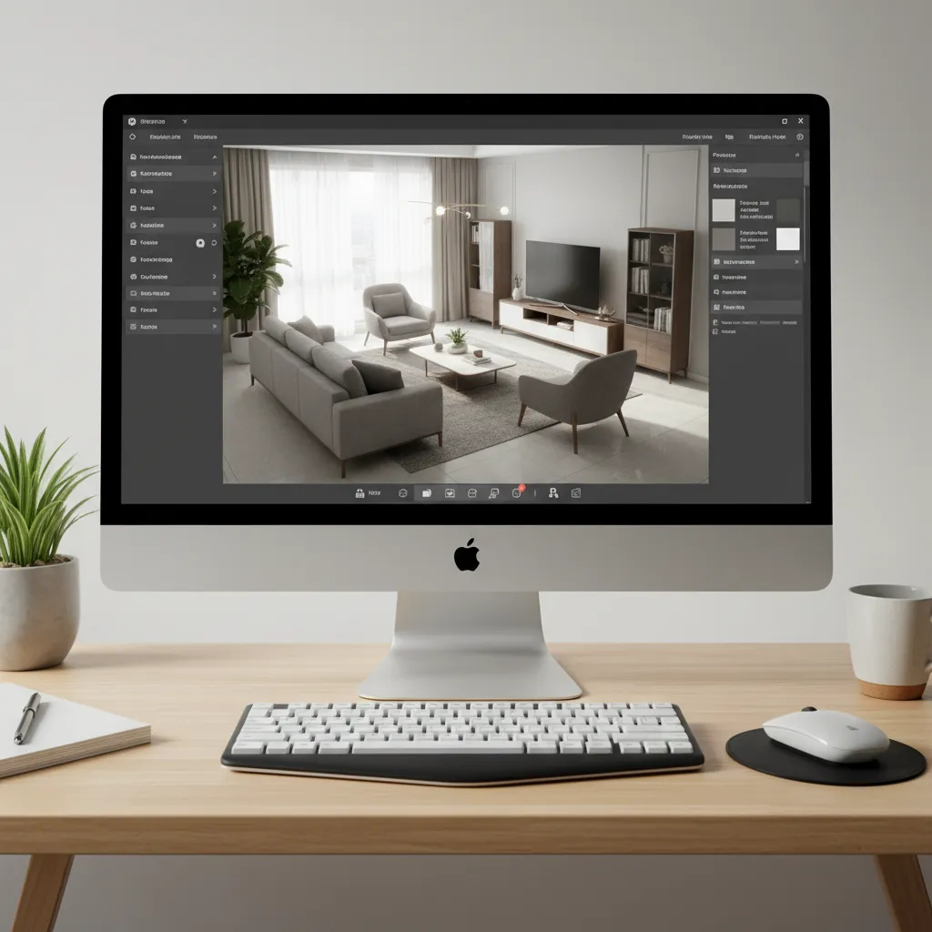 Interfaz de un planificador de habitaciones mostrando un plano 3D de un salón