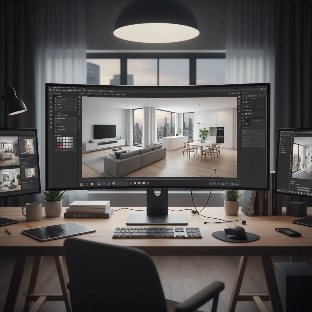 Curved monitor displaying interior design software with a modern living room and open kitchen layout