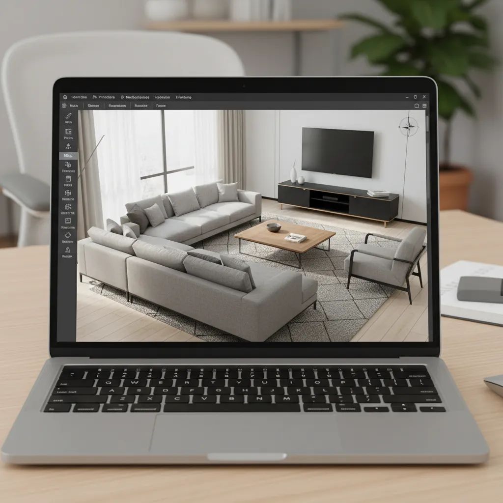 Pantalla mostrando un plano 3D de una sala con muebles colocados digitalmente