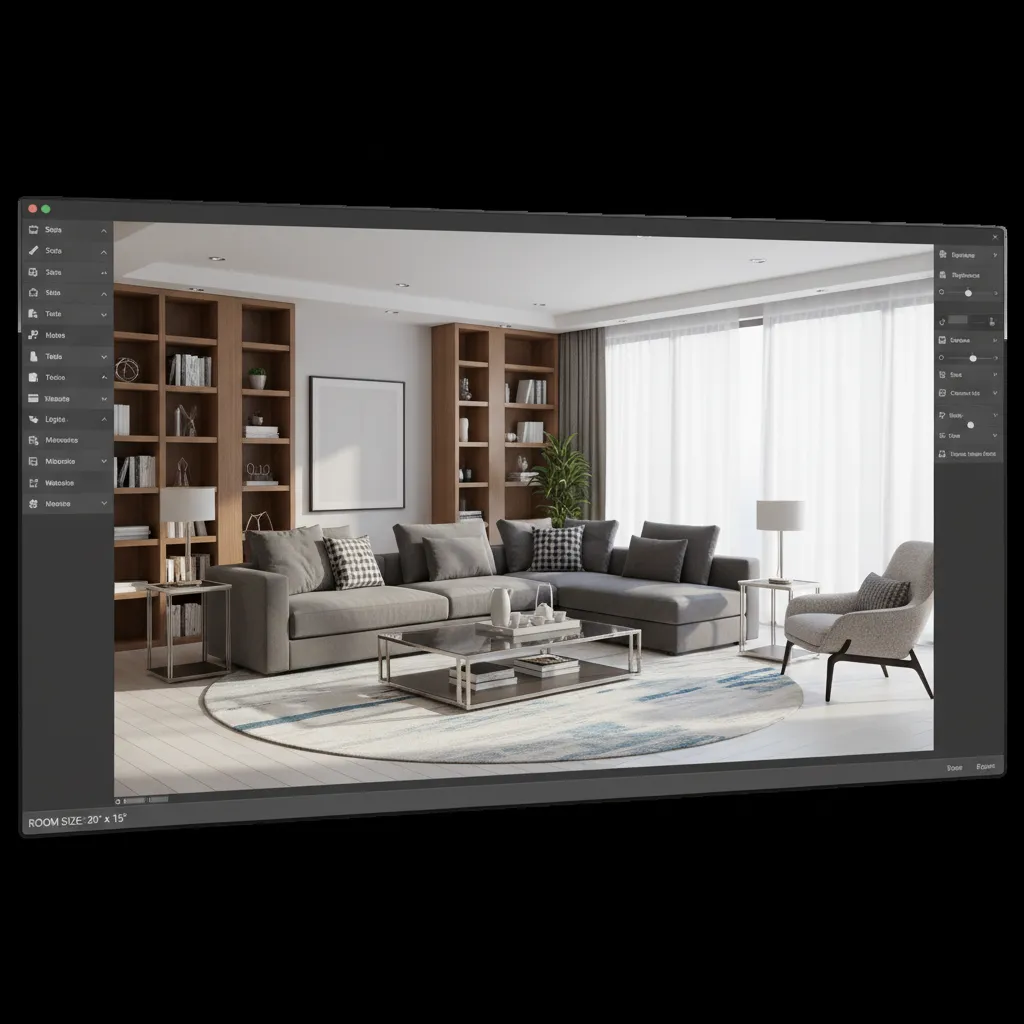 Coohom 3D room planner showing a modern living room with grey sofa and large bookshelves