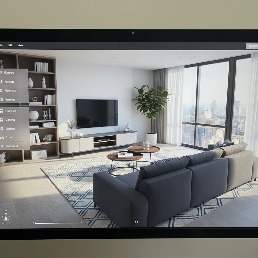 Computer screen displaying interior design drawing of living room with sofa and large city view