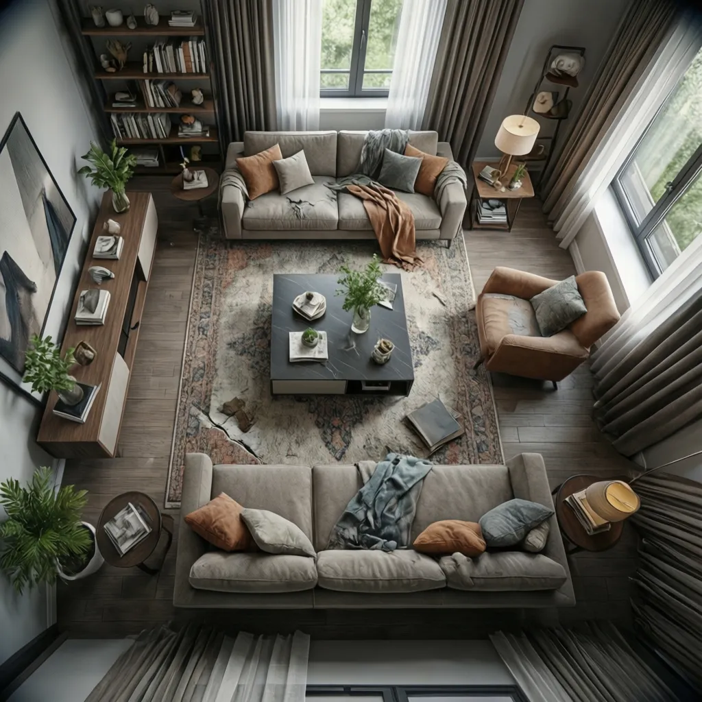 planificador de habitaciones 3D mostrando distribución de muebles en un salón
