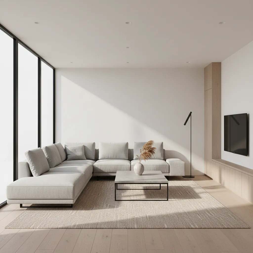 Minimalist living room featuring a large grey sofa, wooden floor, rug, and wall mounted television
