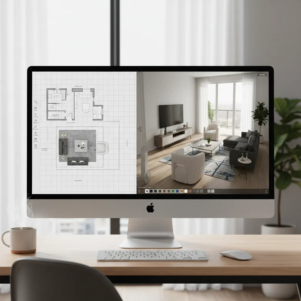 Interfaz de planificador de habitaciones mostrando plano y vista 3D de una sala
