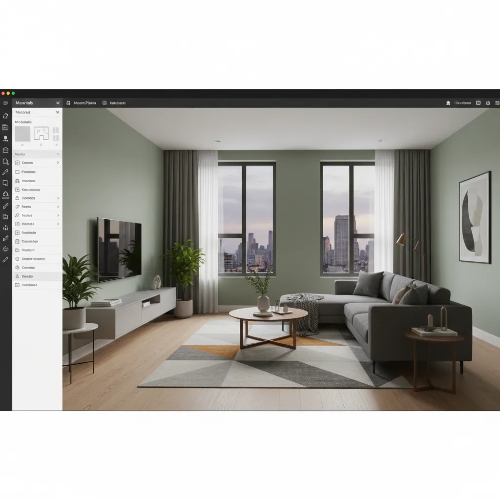 Interfaz de planificador de habitaciones mostrando diseño de salón en 3D