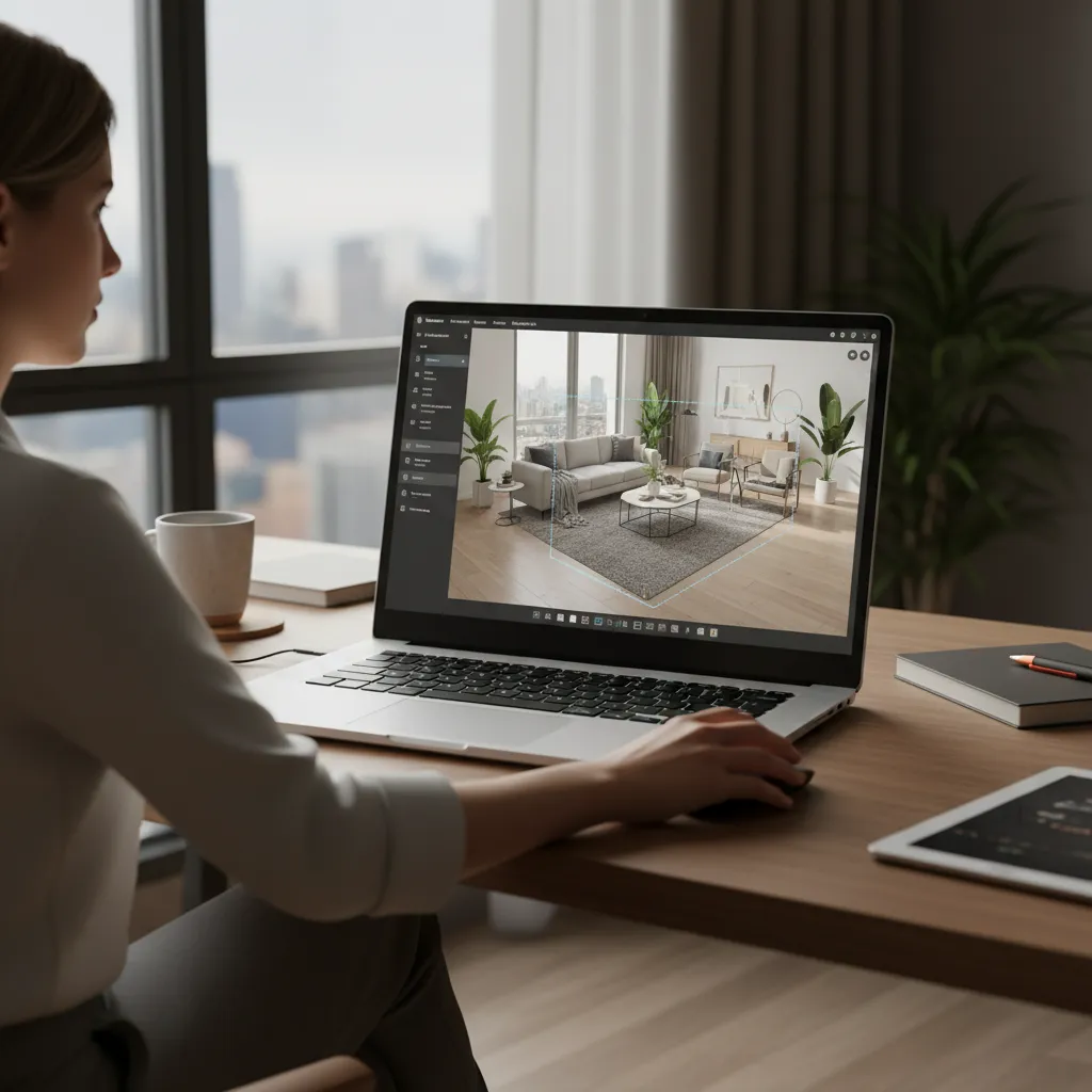 Diseñador reorganizando muebles en un planificador de habitaciones 3D