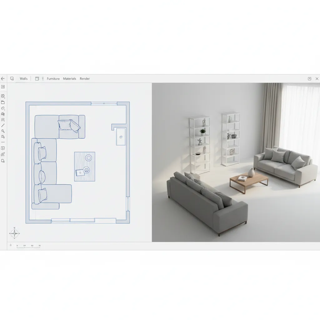 Vista de un planificador de habitaciones 3D con muebles colocados en un salón.