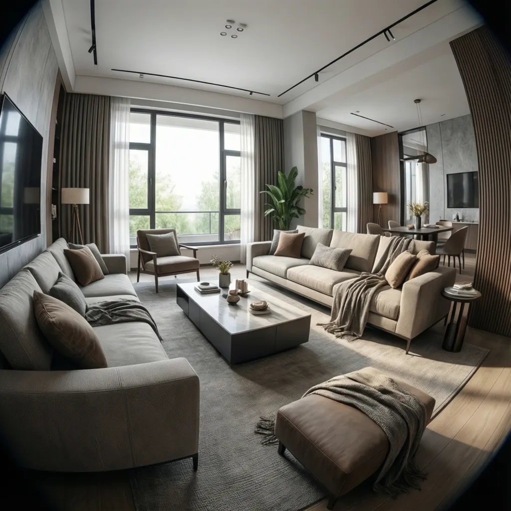 Visualización 3D de una sala de estar diseñada digitalmente