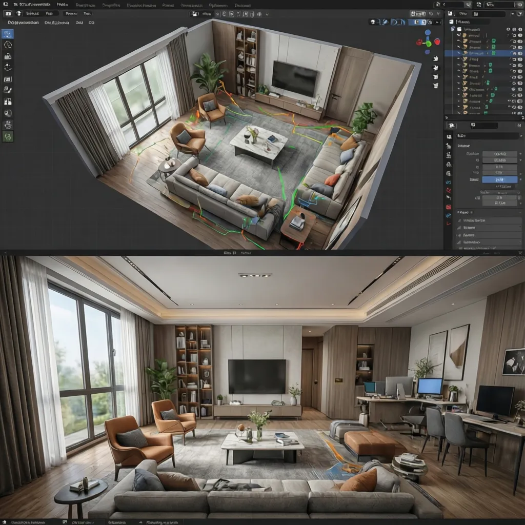 Planificador 3D mostrando distribución de muebles en una habitación
