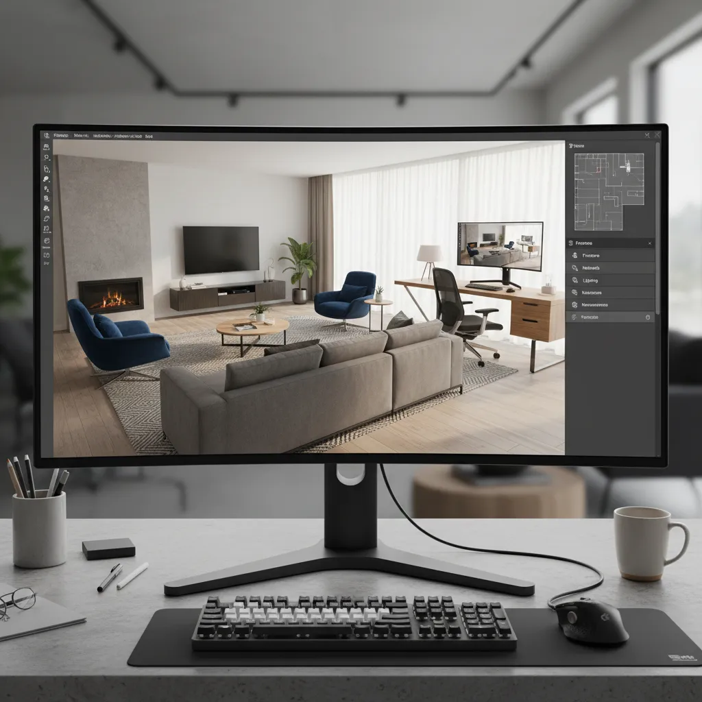 Computer monitor displaying a living room interior design drawing with sofa and fireplace on desk