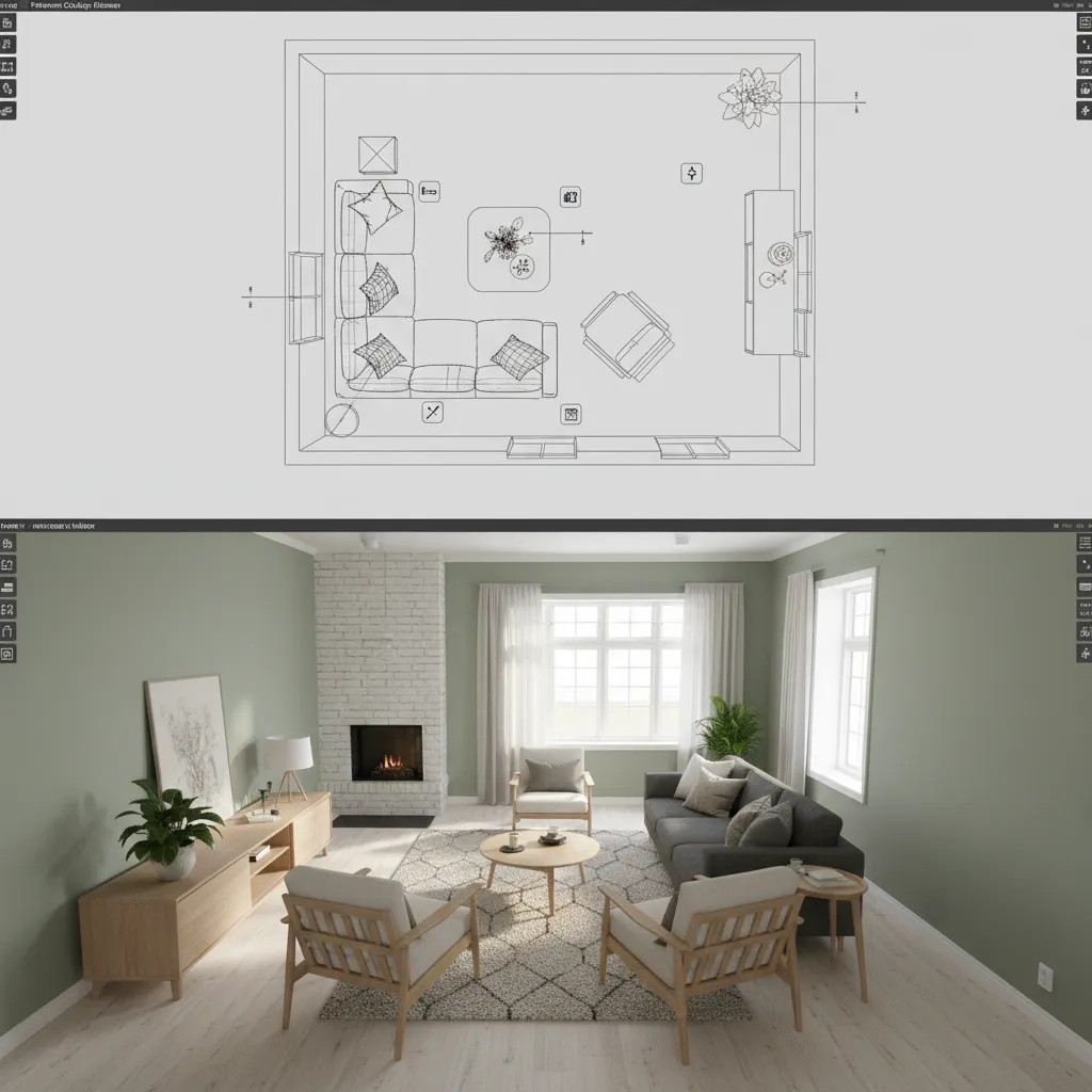 Vista 3D de un planificador de habitaciones con muebles colocados