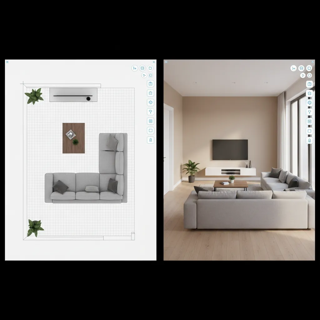 Interfaz de planificador de habitaciones mostrando distribución de muebles en 3D