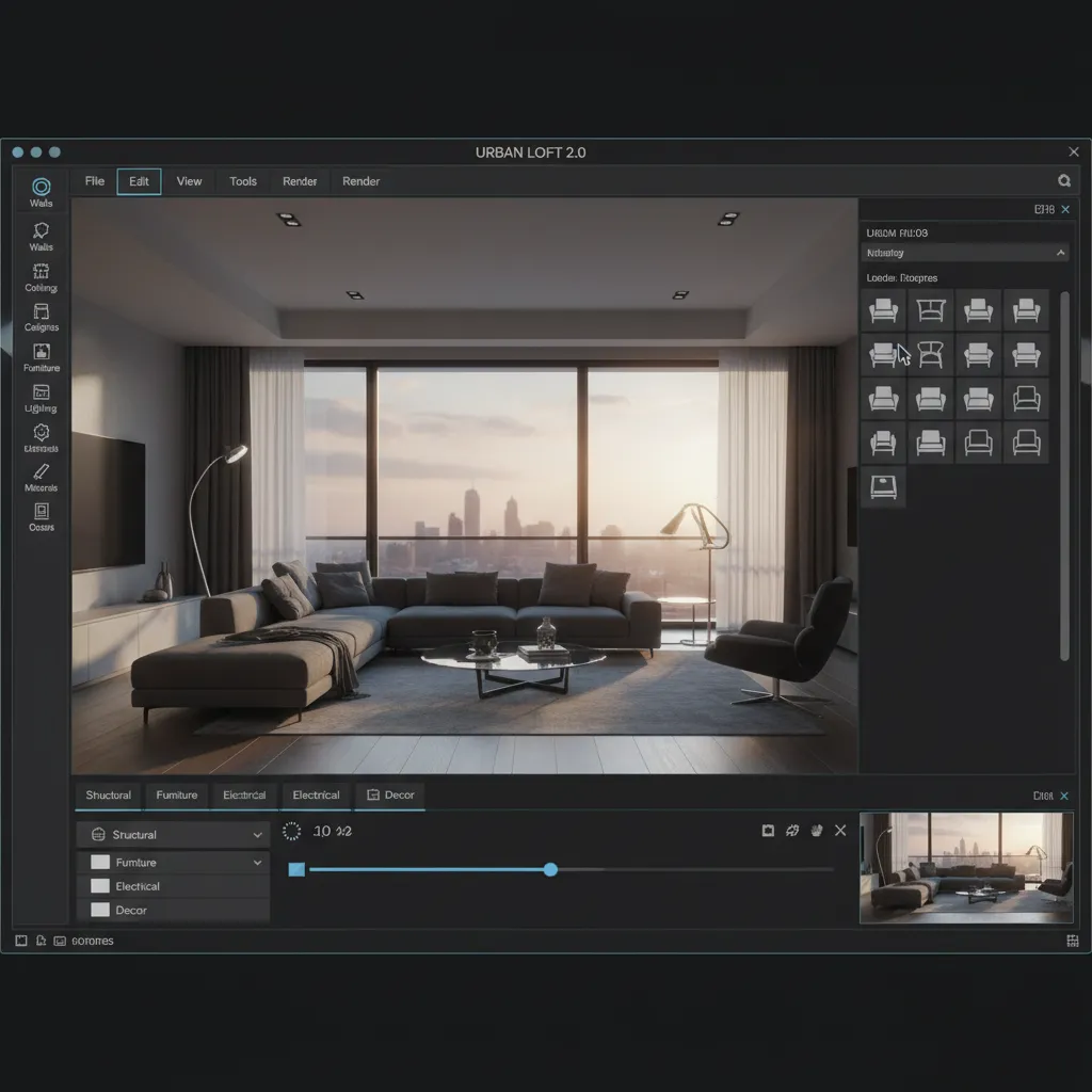 Coohom interior design software showing a living room design drawing with furniture selection sidebar menu