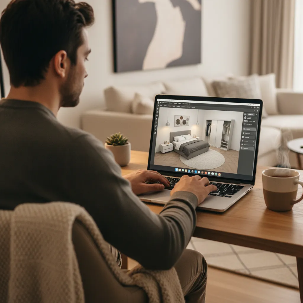 Persona utilizando un planificador de habitaciones 3D en portátil para diseñar un dormitorio