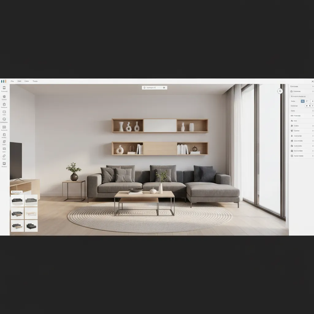 Interfaz de planificador de habitaciones con muebles en vista 3D