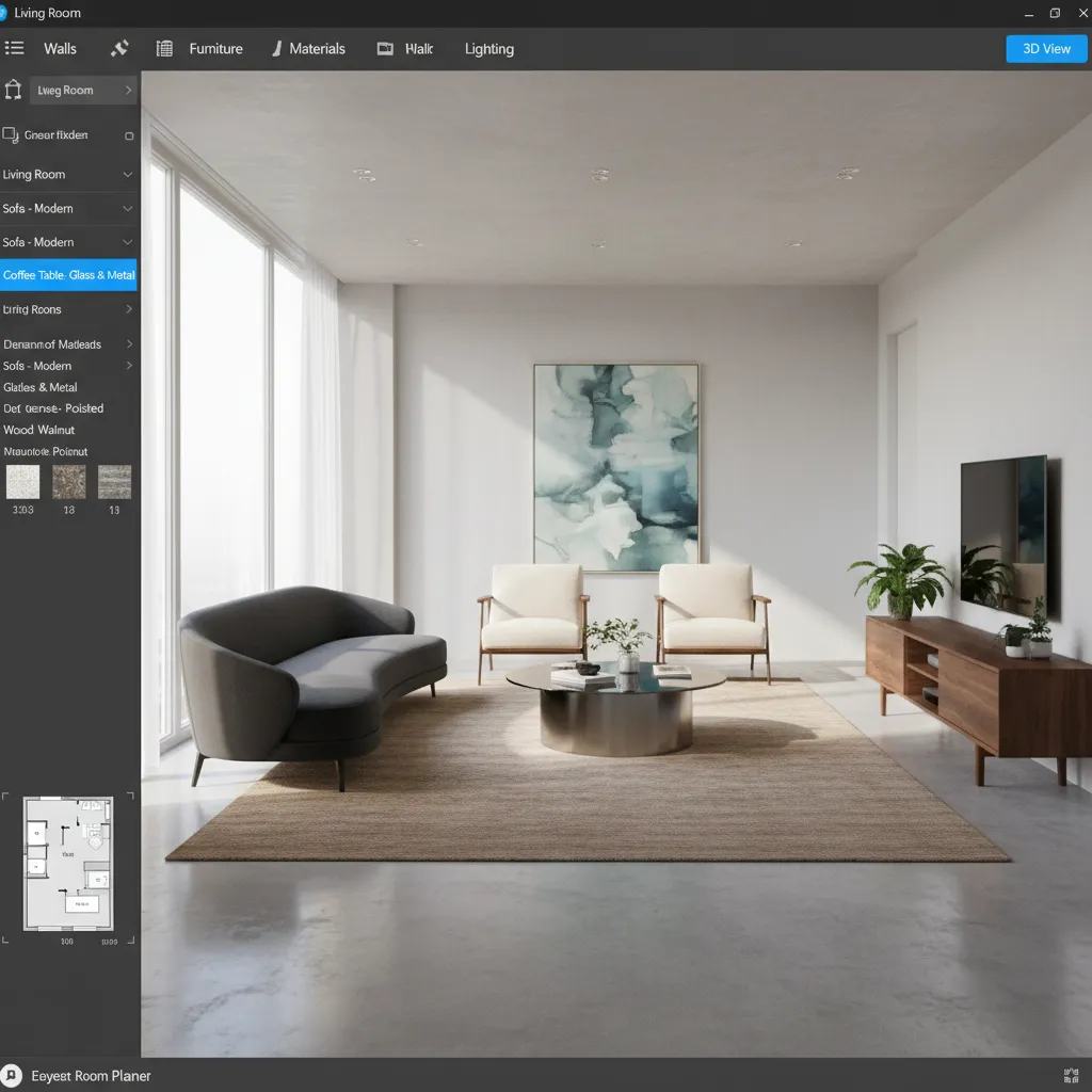Diseño de una sala con muebles colocados en un planificador 3D