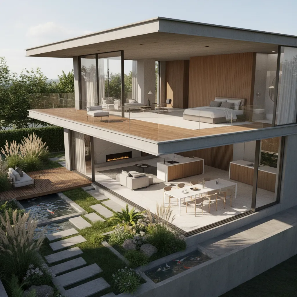 modelo 3D de una casa con terraza y jardín alrededor