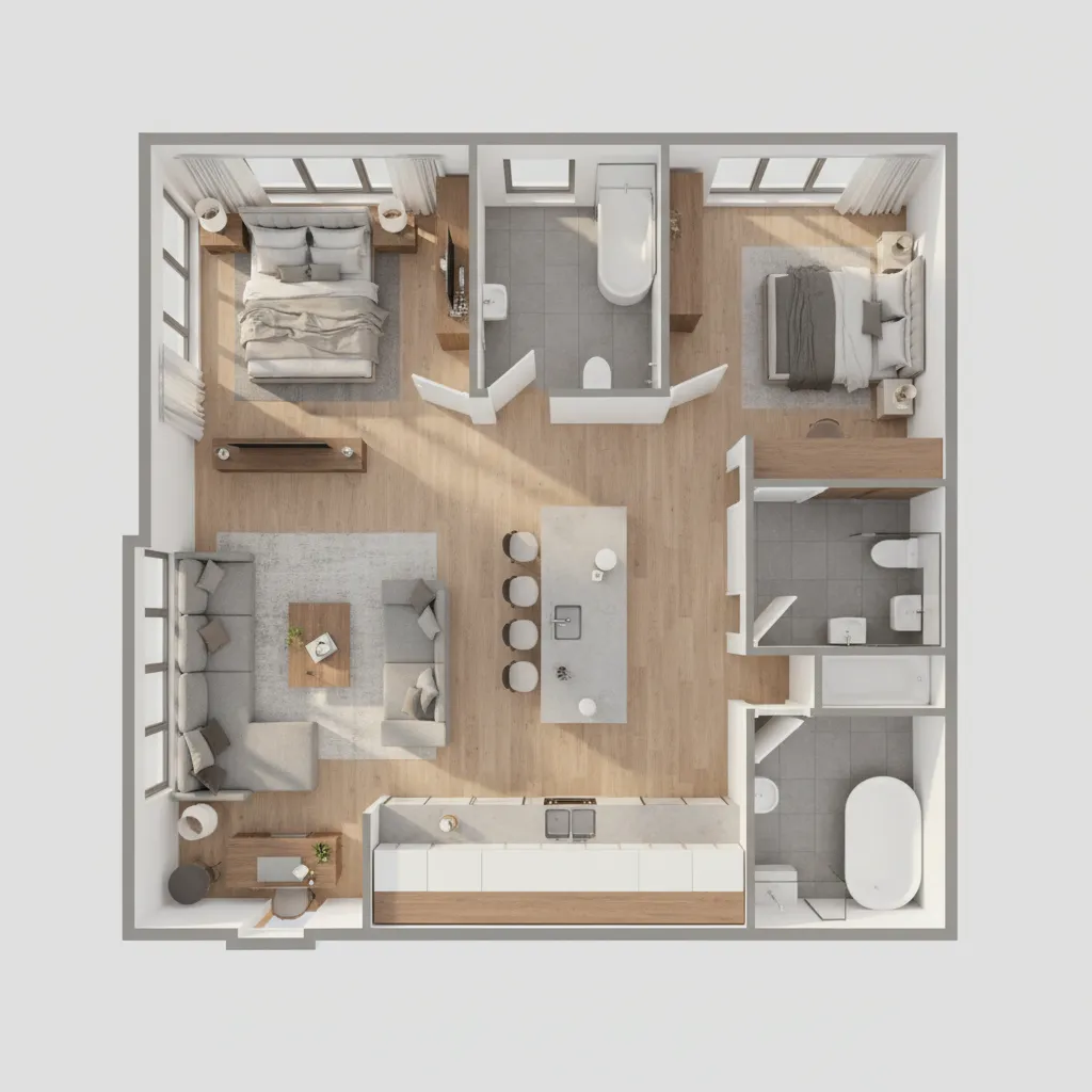 Plano 3D de varias habitaciones de una vivienda en software de diseño