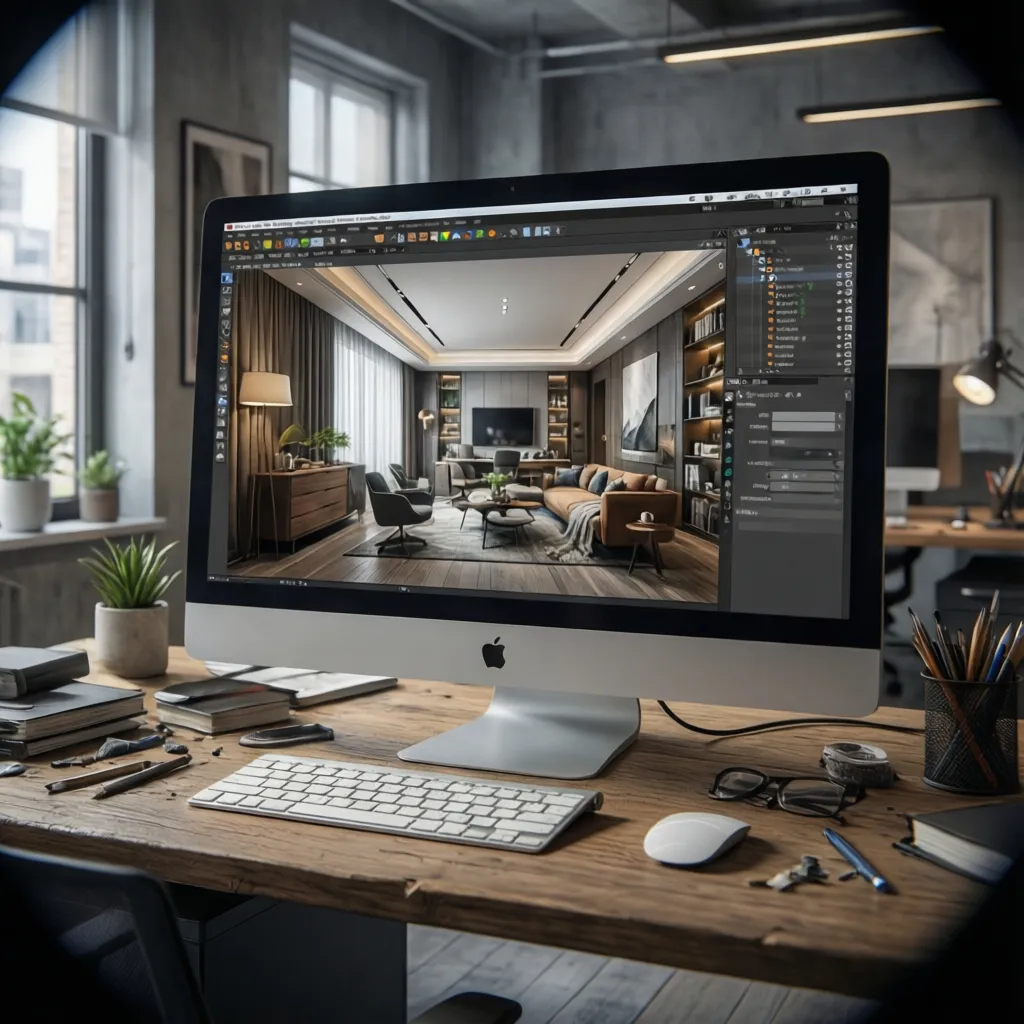 Diseñador utilizando software de planificación de habitaciones en ordenador