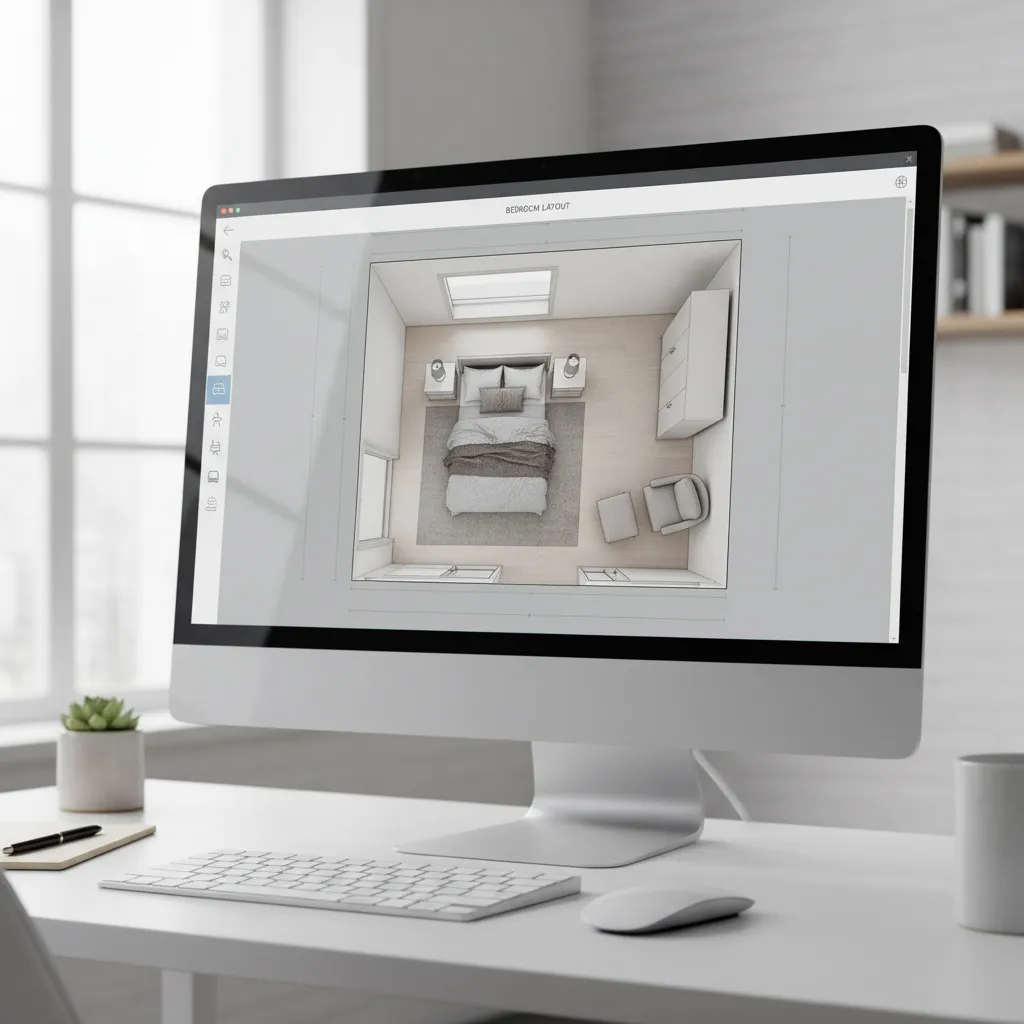 Computer monitor on a white desk showing a 3D bedroom room layout design with furniture