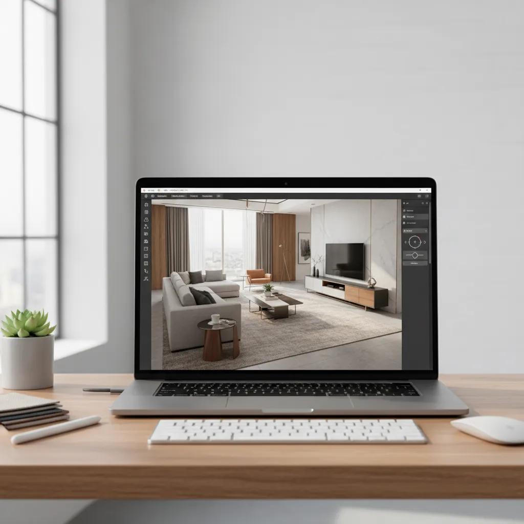 Laptop on wooden desk showing interior design drawing software with a modern living room layout
