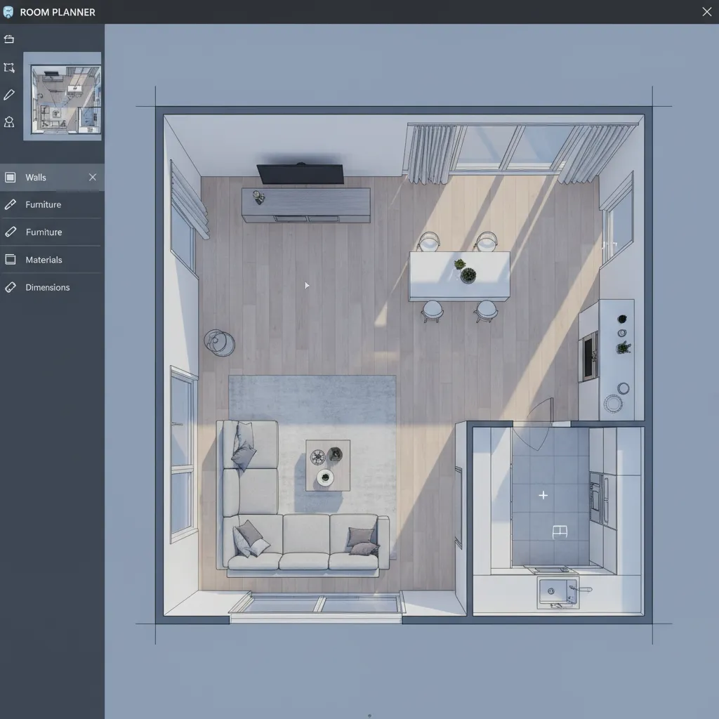 Planificador digital de habitaciones mostrando distribución de muebles