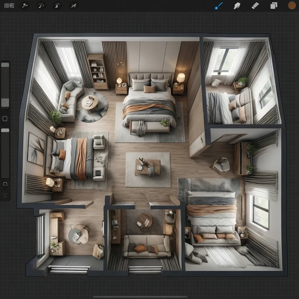 Digital room layout showing a large apartment with four bedrooms plus living and dining area furniture