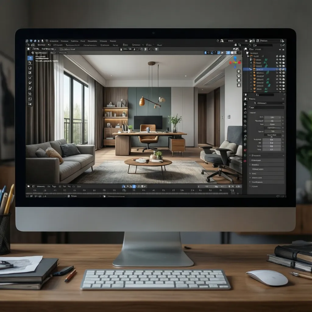 Coohom interior design drawing software showing a home office room layout with desk and chair