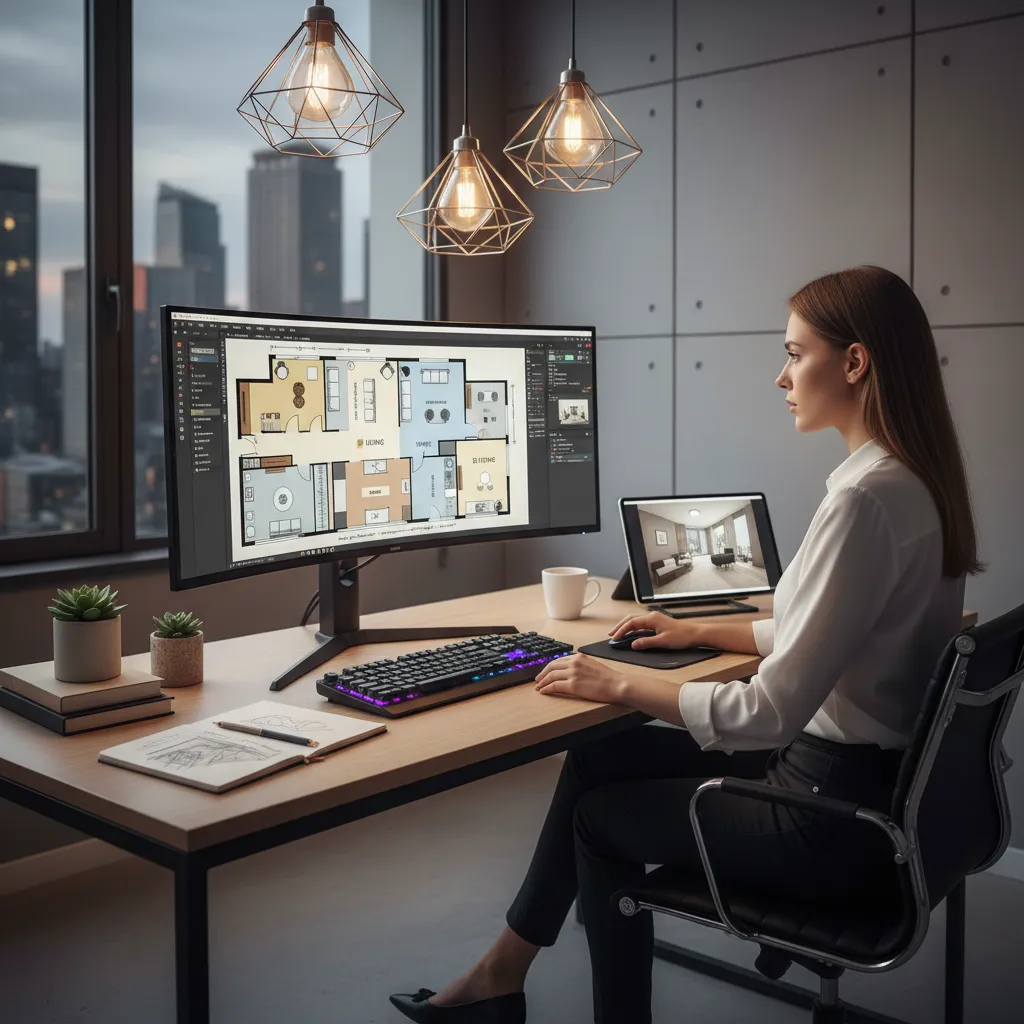 Diseñador usando software de planificación de habitaciones en un ordenador