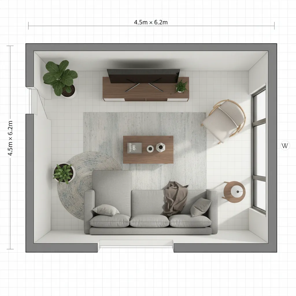 Plano digital de una habitación con muebles colocados y medidas visibles