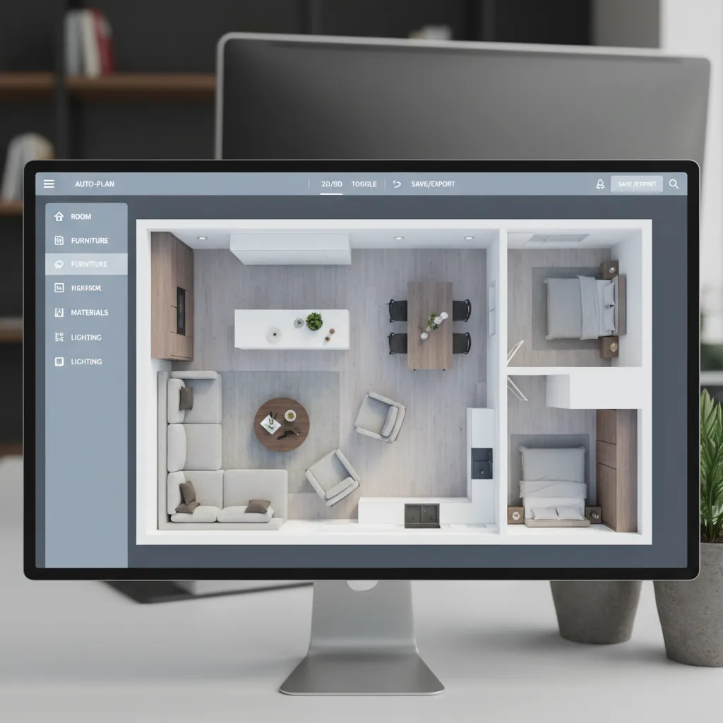 Interior design software on computer screen showing two bedroom apartment floor plan layout with furniture