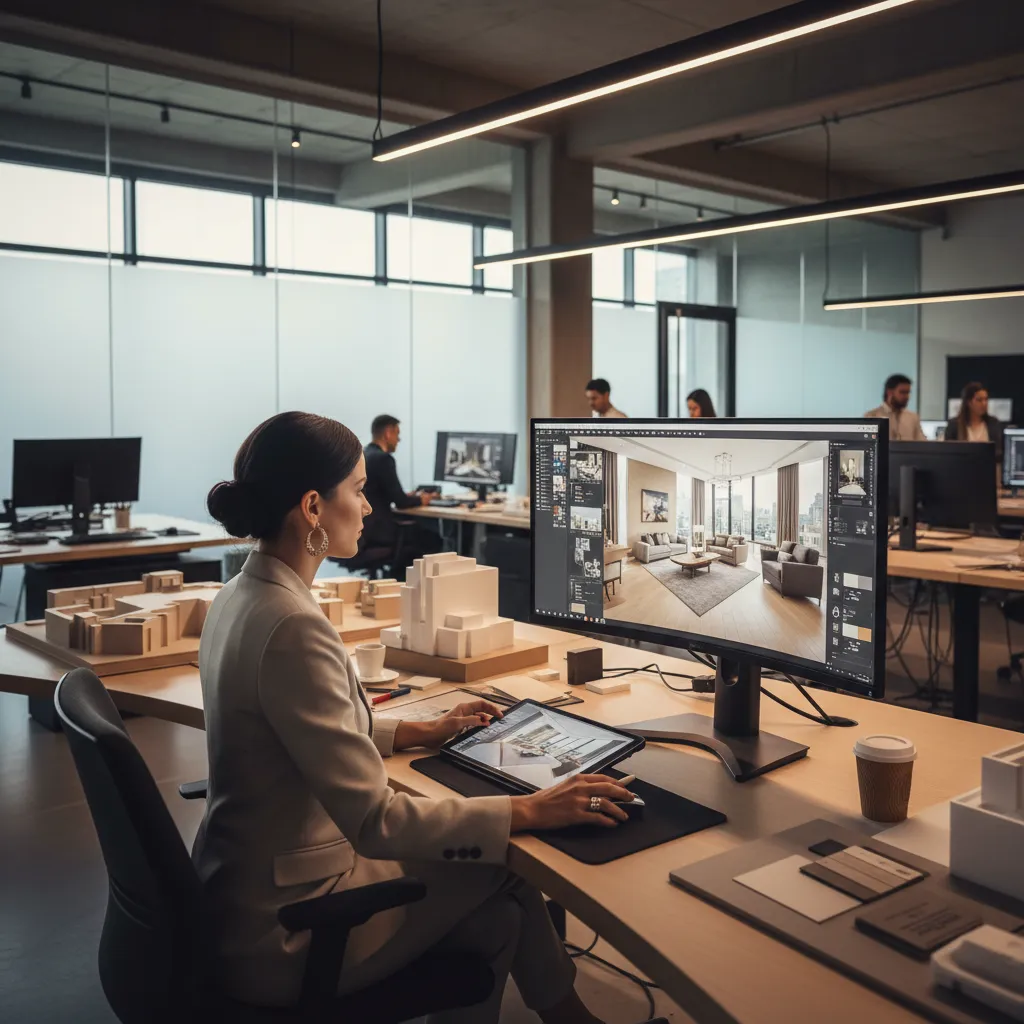 Diseñador analizando distribución de una habitación en un modelo digital