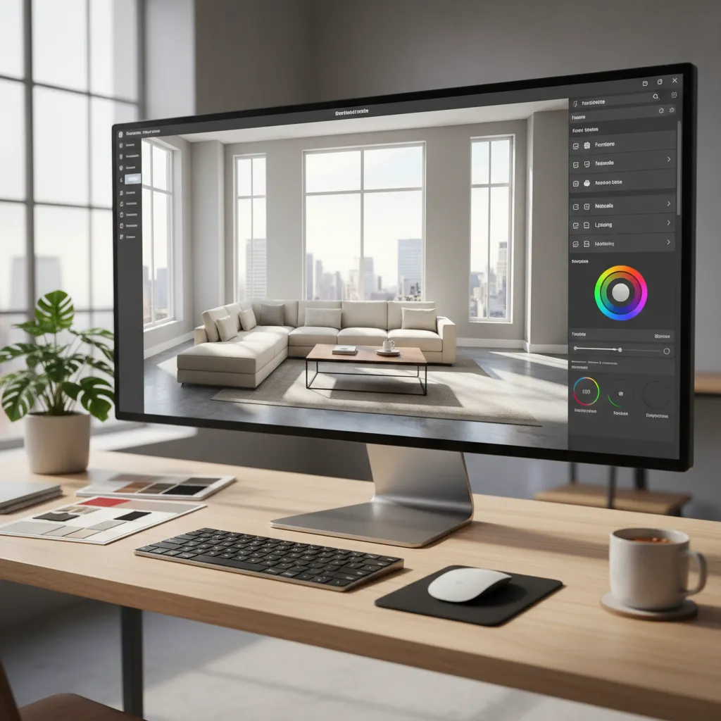 Interfaz de un planificador de habitaciones mostrando un salón con muebles en vista 3D