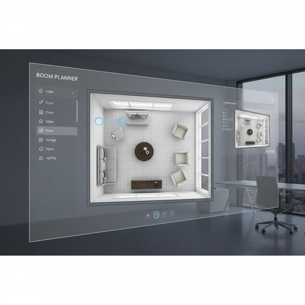 Interfaz de planificador de habitaciones con muebles moviéndose en el plano