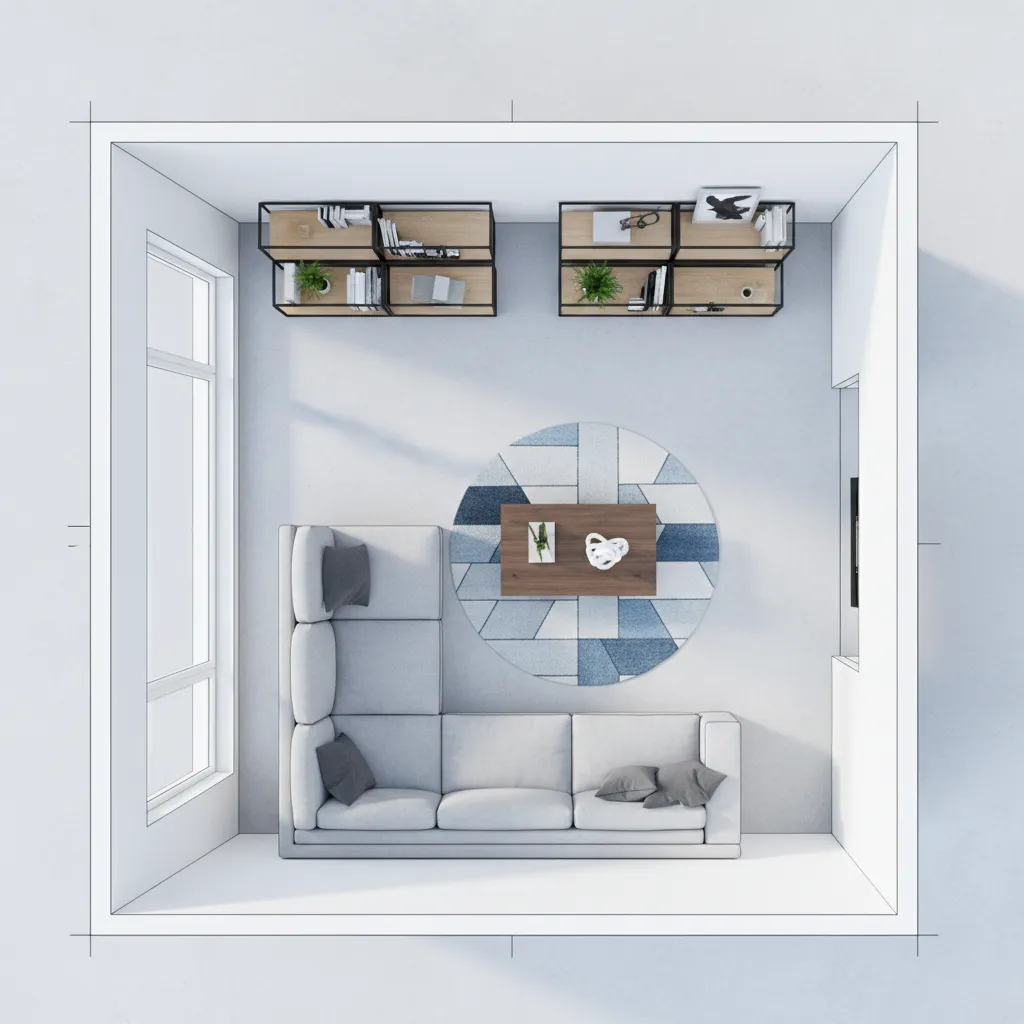 Plano digital de salón con muebles colocados en una herramienta de planificación