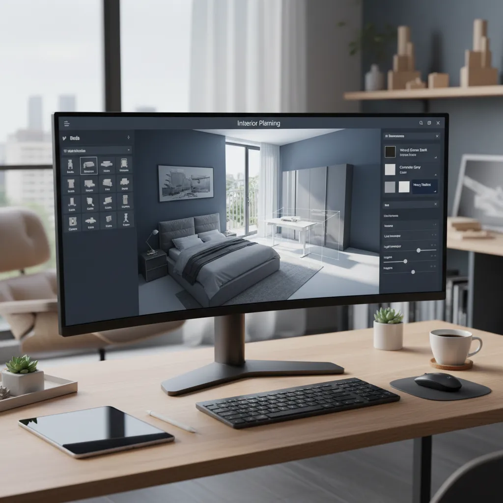 Pantalla de ordenador mostrando planificación de una habitación en 3D